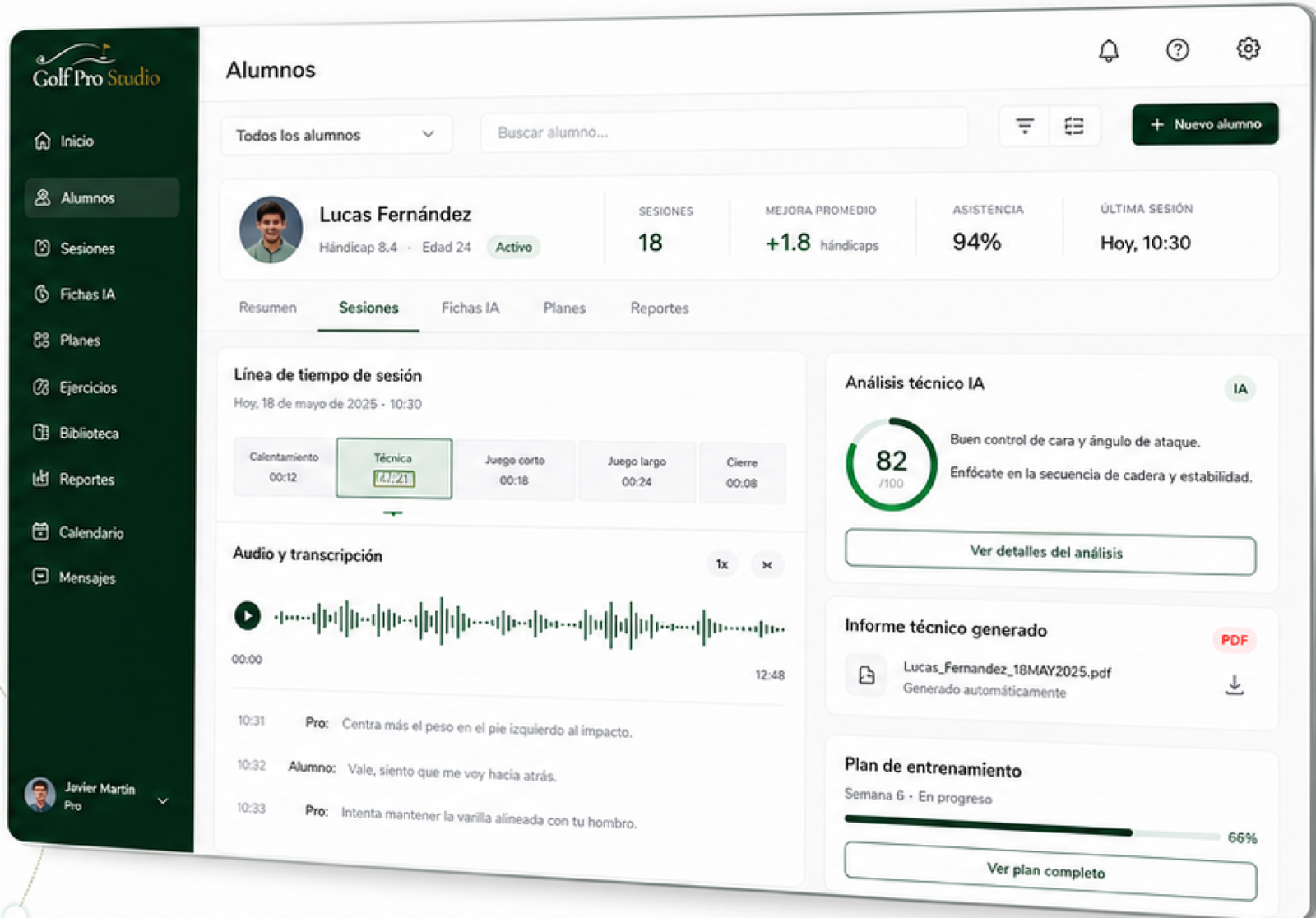 Panel de alumnos de Golf Pro Studio con transcripción, análisis técnico, ficha y plan de entrenamiento