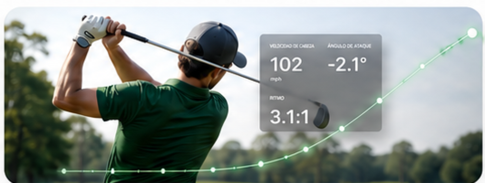 Profesor de golf con métricas de velocidad de cabeza, ángulo de ataque y ritmo